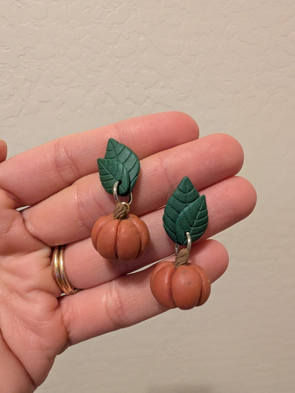 Green Leaf with Orange Pumpkin Dangle Earrings - NWOT